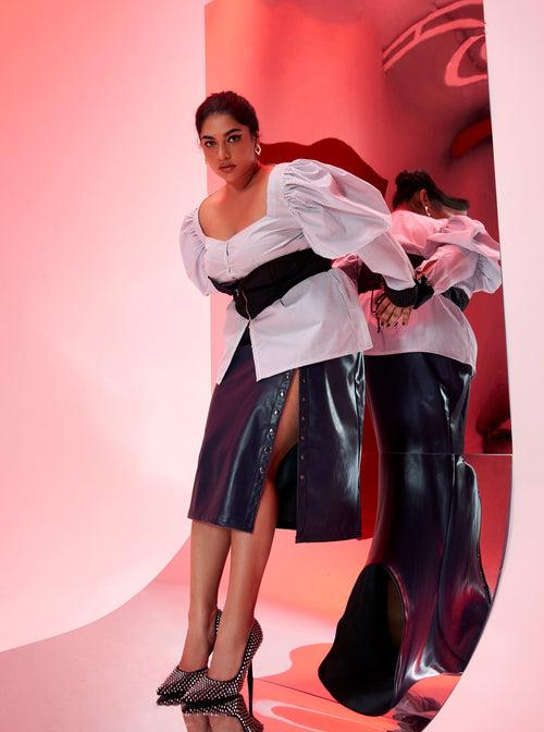 Carol Shirt + Detachable Pinstripe Bustier and Blue Faux Leather Midi Skirt Set