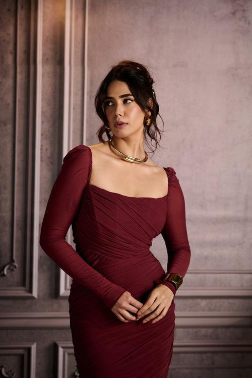 Venus Burgundy Side Slit Ruched Dress