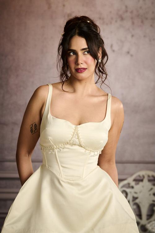 Meredith Off-White Hand Embroidered Mini Corset Dress