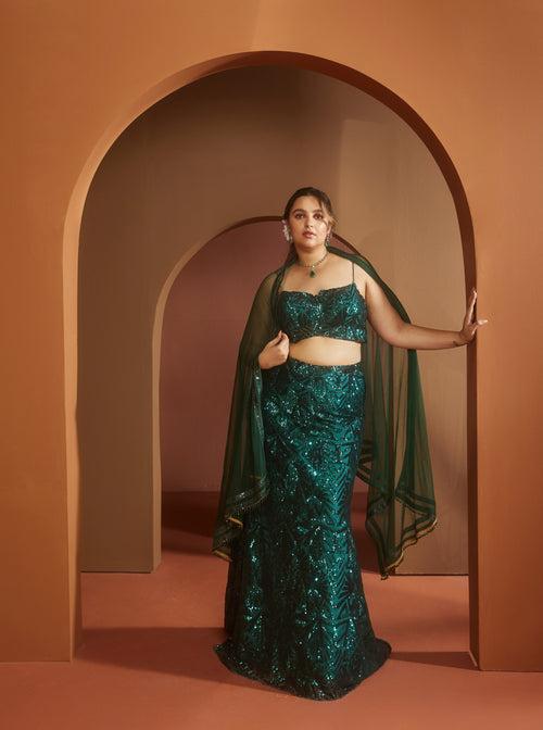 Zaitra Emerald Green Sequin Lehenga