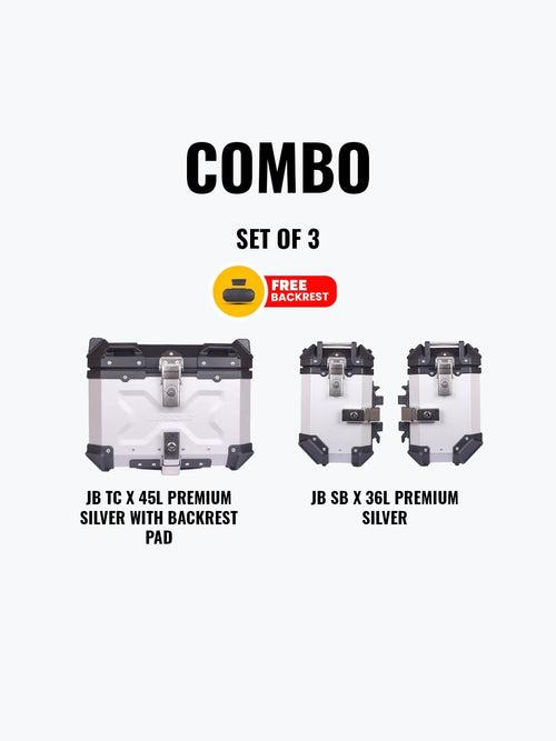 Set Of 3 Combo Of JB TC 45L Silver Premium With Backrest Pad + JB SB X 36L Premium Silver