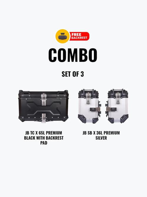 Set Of 3 Combo Of JB TC X 65L Premium Black With Backrest Pad + JB SB X 36L Premium Silver