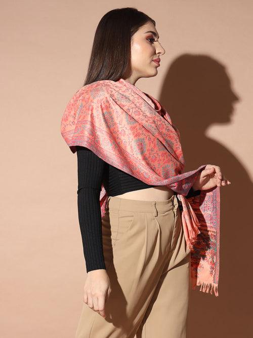 Women Pink Woven Design Jamawar Shawl (Size 101X203 CM)