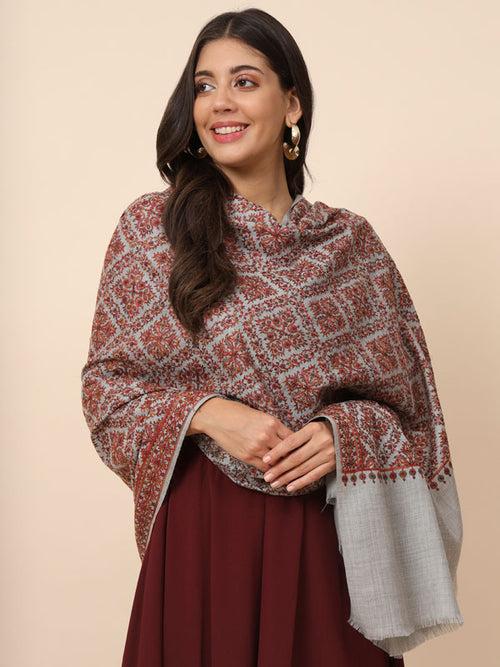 Women Light Grey Pure Wool Embroidered Shawl (Size 101X203 CM)