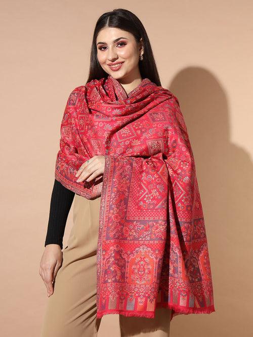 Women Pink Woven Design Jamawar Shawl (Size 101X203 CM)