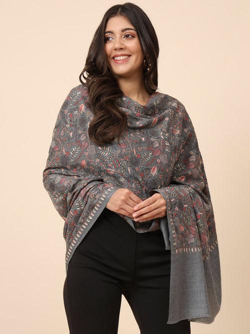 Women Dark Grey Pure Wool Embroidered Shawl (Size 101X203 CM)