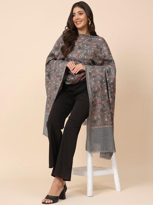 Women Dark Grey Pure Wool Embroidered Shawl (Size 101X203 CM)