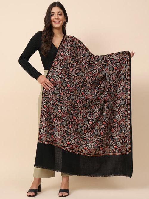 Women Black Pure Wool Embroidered Shawl (Size 101X203 CM)