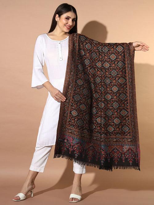 Women Black Woven Design Jamawar Shawl (Size 101X203 CM)