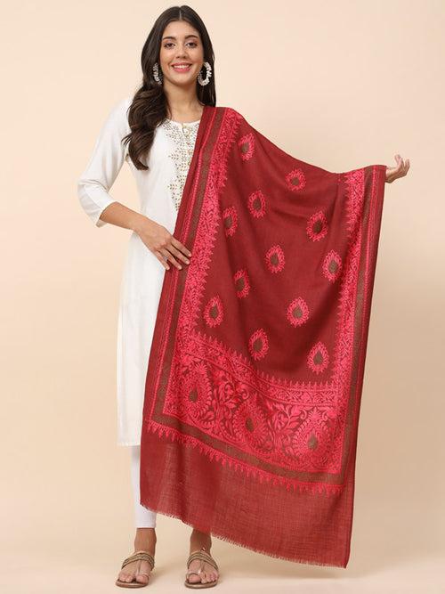 Women Maroon Pure Wool Crystal Work Embroidered Stole (Size 71X203 CM)