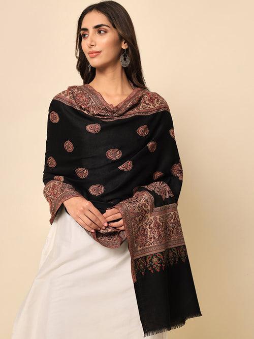 Women Black Woven Design Jamawar Shawl (Size 101X203 CM)