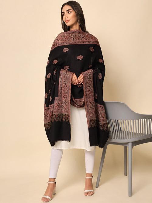 Women Black Woven Design Jamawar Shawl (Size 101X203 CM)