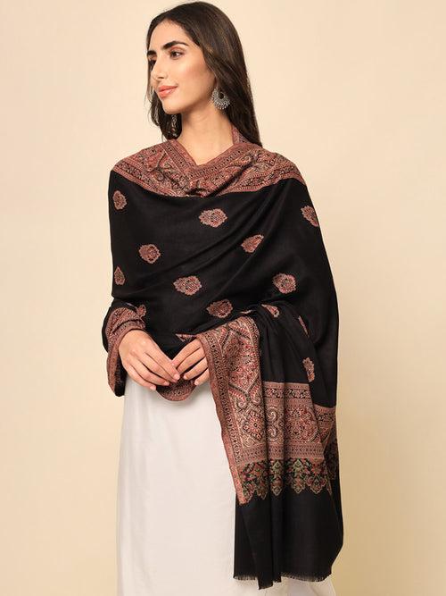 Women Black Woven Design Jamawar Shawl (Size 101X203 CM)