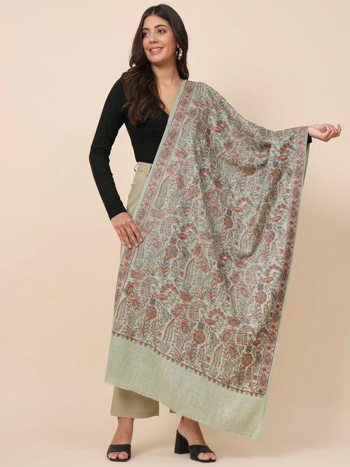 Women Green Pure Wool Embroidered Stole (Size 71X203 CM)