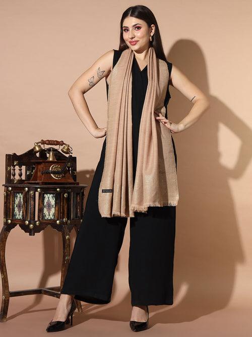 Women Beige Woven Design Jamawar Stole (Size 71X203 CM)