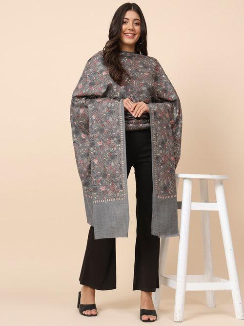 Women Dark Grey Pure Wool Embroidered Shawl (Size 101X203 CM)