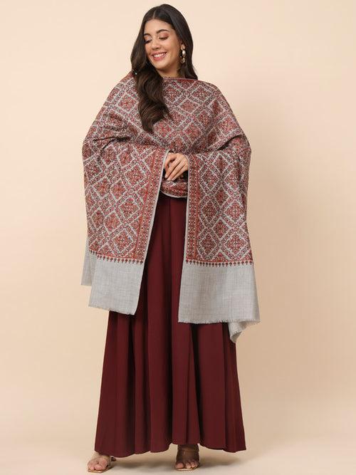 Women Light Grey Pure Wool Embroidered Shawl (Size 101X203 CM)