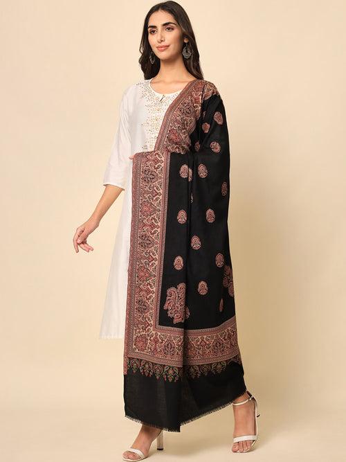 Women Black Woven Design Jamawar Shawl (Size 101X203 CM)