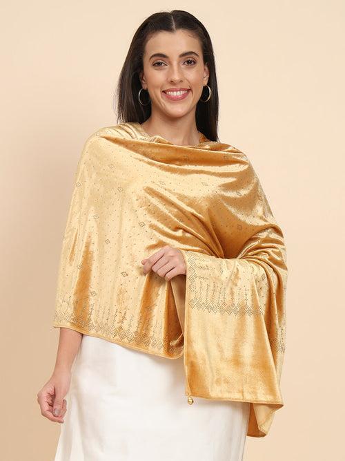 Women’s Beige Velvet Crystal Embellished Stole (Size 72X203 cms )