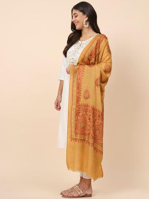 Women Mustard Pure Wool Crystal Work Embroidered Stole (Size 71X203 CM)