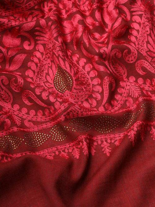 Women Maroon Pure Wool Crystal Work Embroidered Stole (Size 71X203 CM)