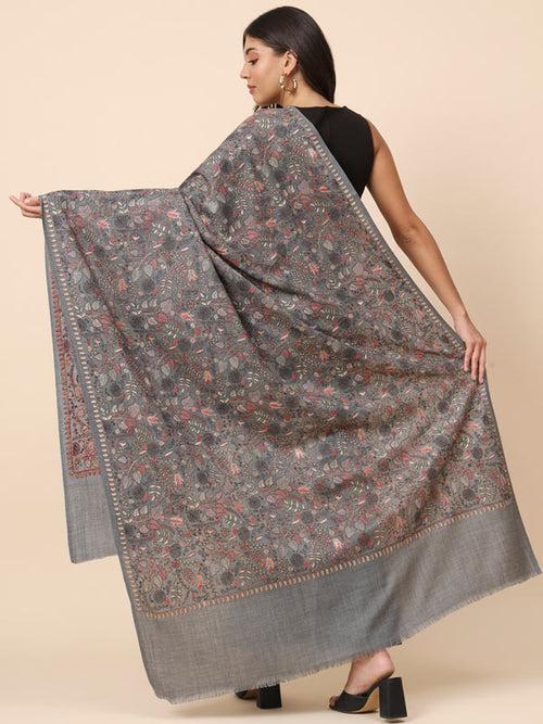 Women Dark Grey Pure Wool Embroidered Shawl (Size 101X203 CM)