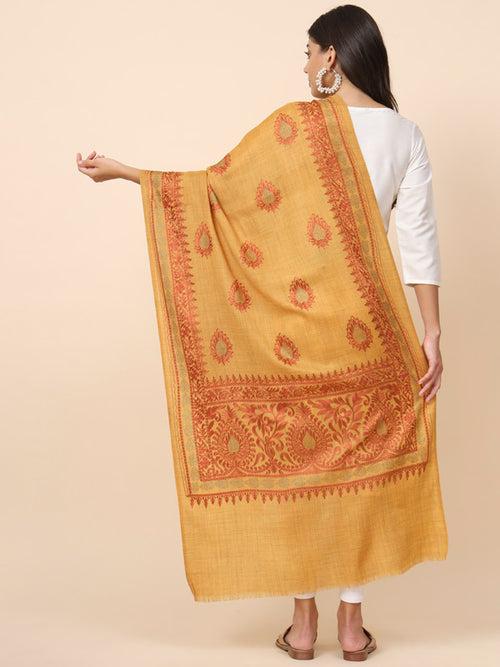 Women Mustard Pure Wool Crystal Work Embroidered Stole (Size 71X203 CM)
