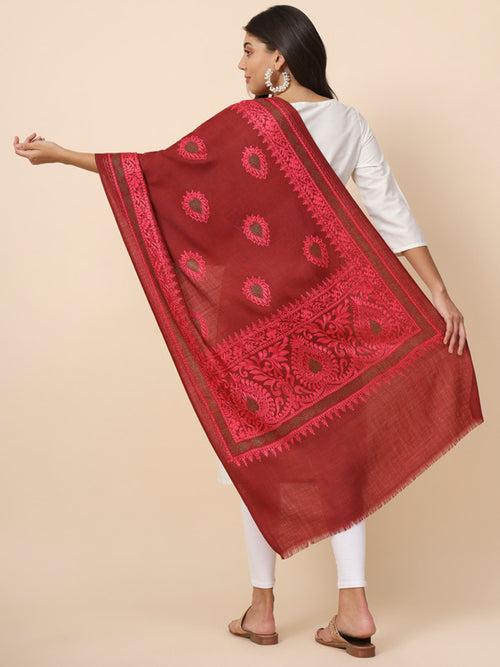 Women Maroon Pure Wool Crystal Work Embroidered Stole (Size 71X203 CM)