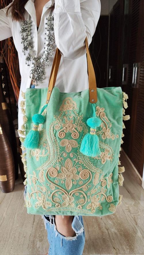 Velvet Pastel Green Banjara Handcrafted Embroidery Tote Bag