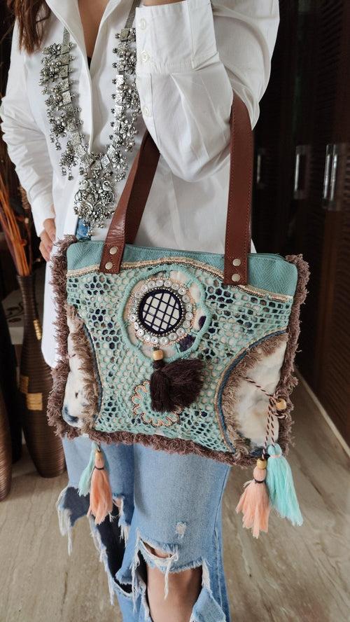 Mini White Velvet Crochet Beadwork Banjara Handcrafted Embroidery Tote Bag