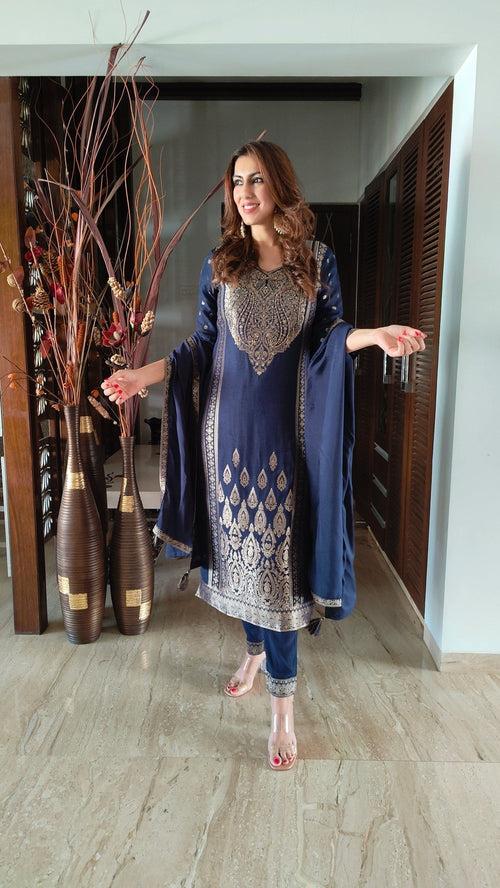 Navy Blue Banarasi Suit Set