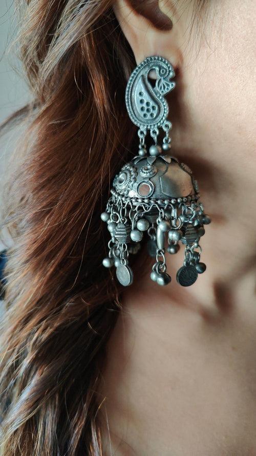 Lightweight Peacock Silver Oxidised Jhumka Earring