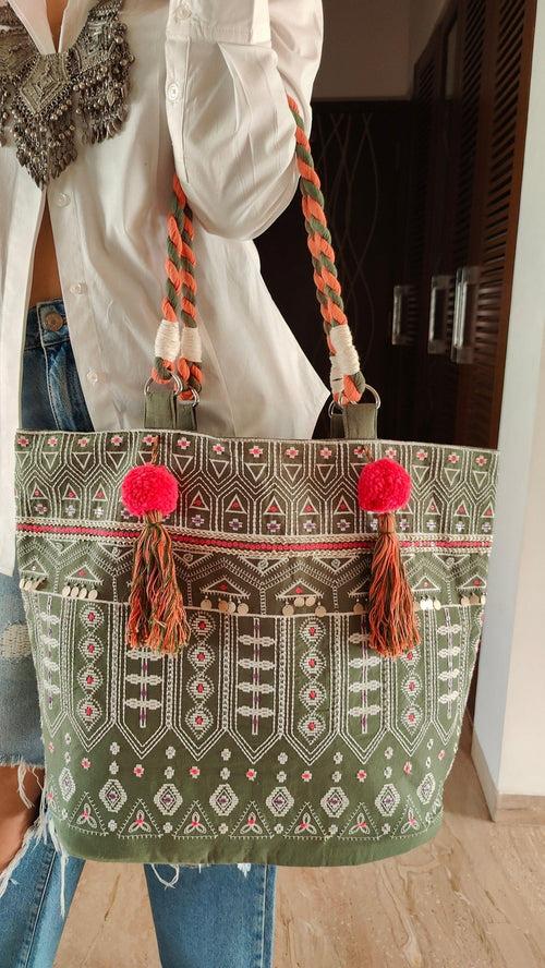 Moss Green Banjara Handcrafted Embroidery Tote Bag