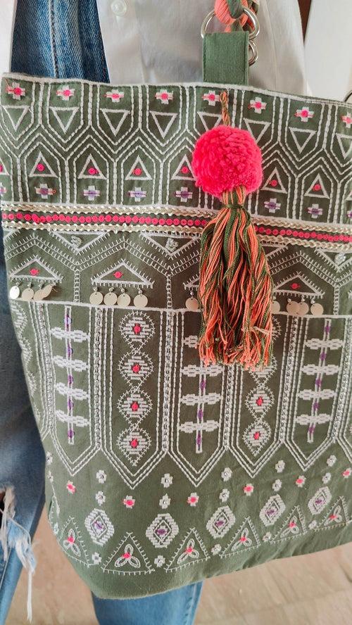 Moss Green Banjara Handcrafted Embroidery Tote Bag