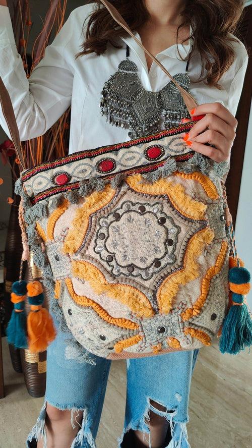 Cream Yellow Grey Jute Velvet Banjara Handcrafted Embroidery Tote Bag