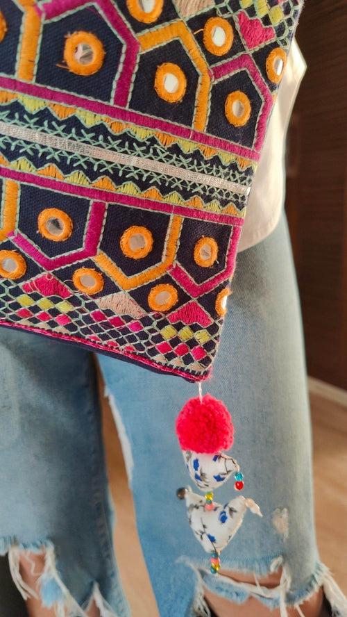 Black Pom Pom Bird Banjara Handcrafted Embroidery Tote Bag