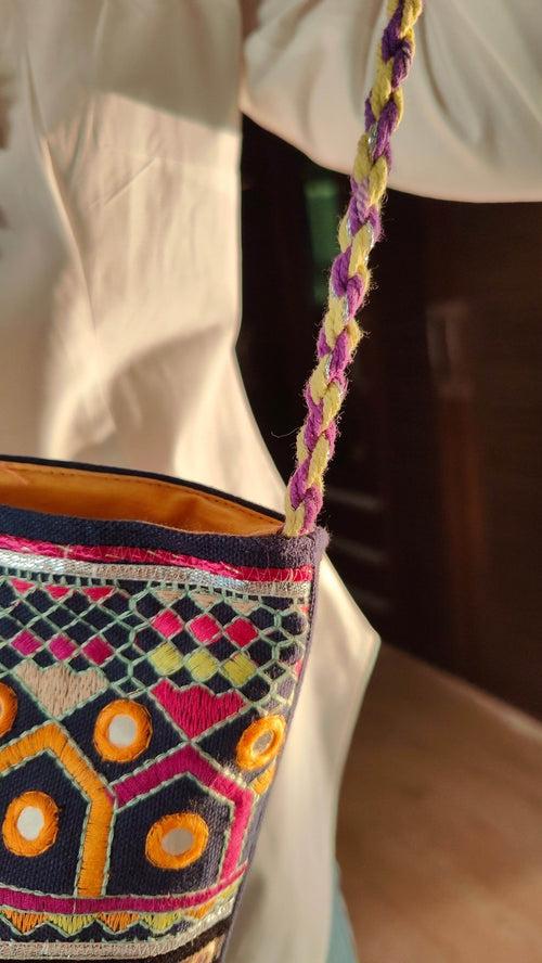Black Pom Pom Bird Banjara Handcrafted Embroidery Tote Bag