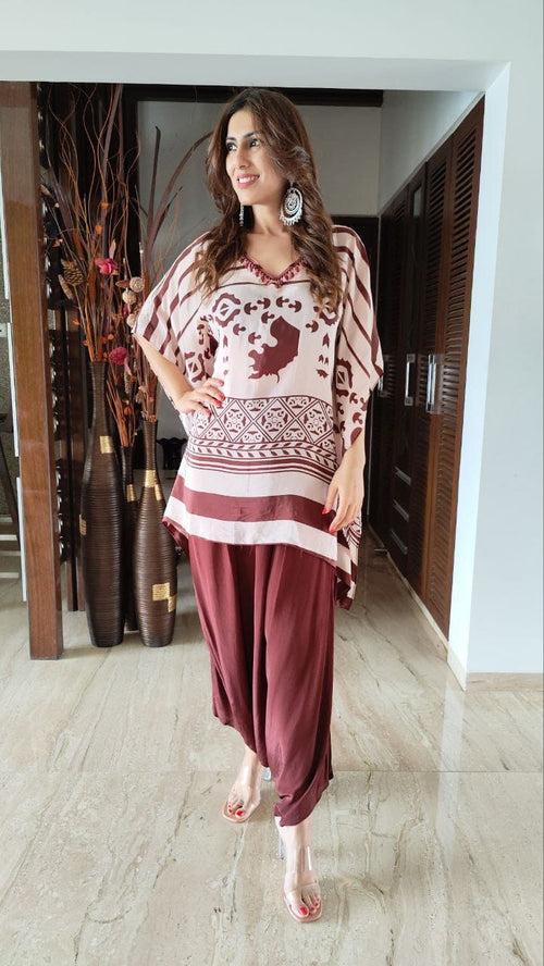 Crepe Maroon Kaftan Dhoti Set