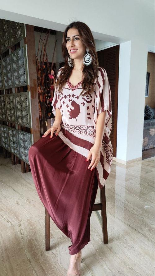 Crepe Maroon Kaftan Dhoti Set