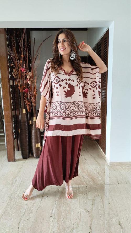 Crepe Maroon Kaftan Dhoti Set