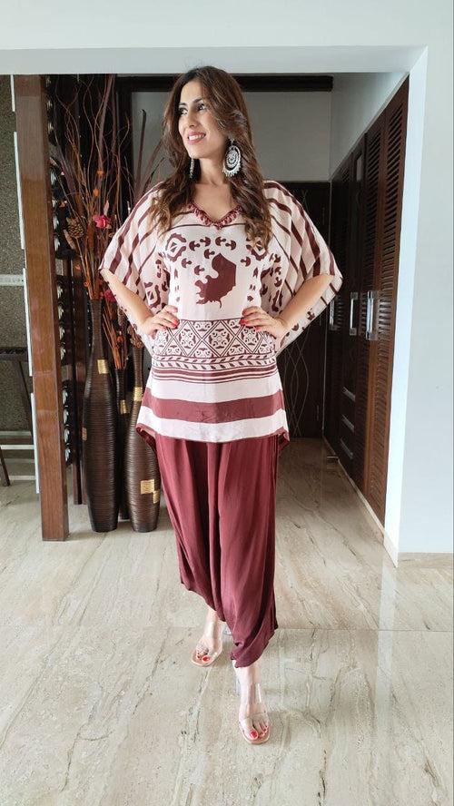 Crepe Maroon Kaftan Dhoti Set