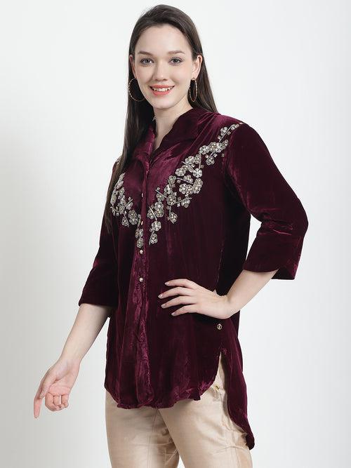 VELVET PLUM BEJEWELED SHIRT