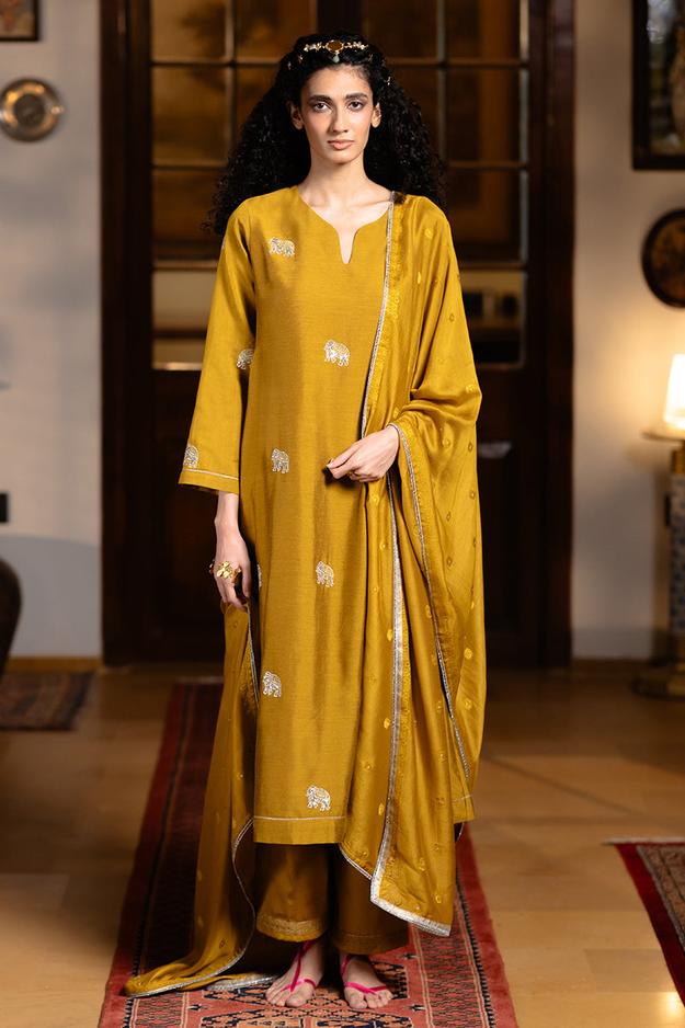 Mustard Silk Embroidered Festive Kurta Set