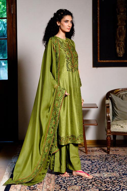 Green Olive Raw Silk Festive Kurta Set