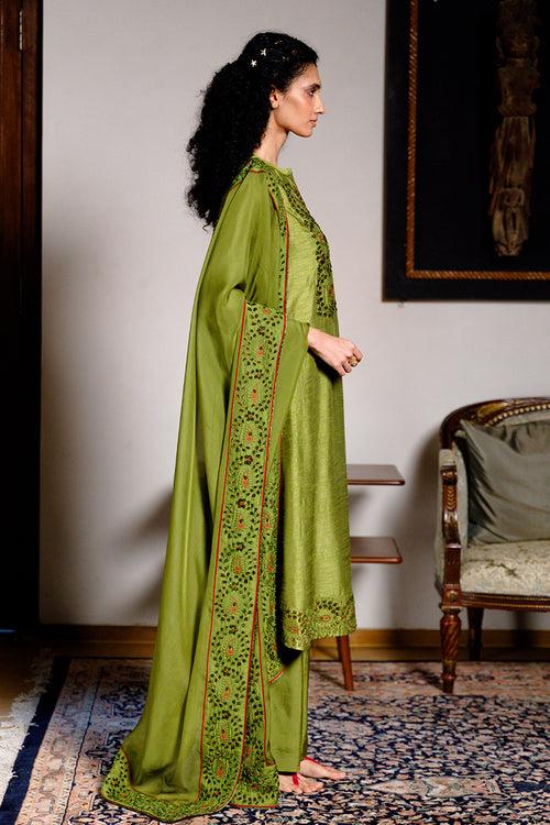 Green Olive Raw Silk Festive Kurta Set