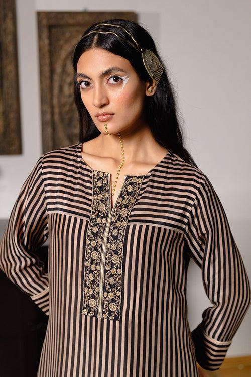 Black and Beige Striped Bemberg Silk Festive Co-ord Set