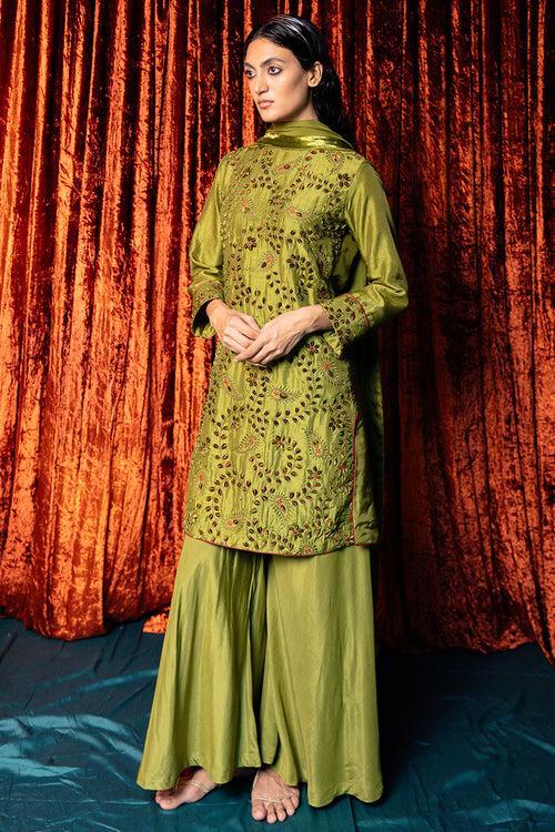 Green Olive Full Embroidered Raw Silk Kurta Set