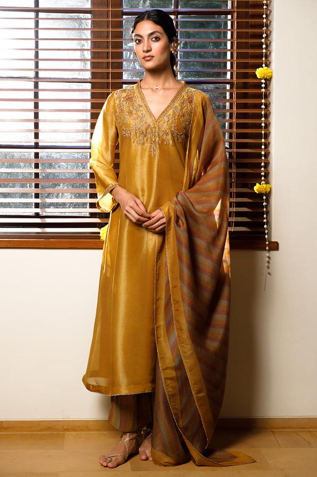 Mustard Tissue Silk Festive Kurta Set