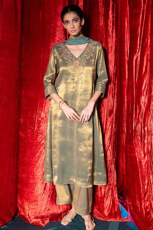 Grey and Vintage Gold Tissue Kurta Set