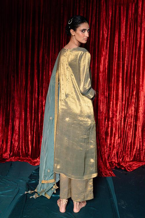 Grey and Vintage Gold Tissue Kurta Set